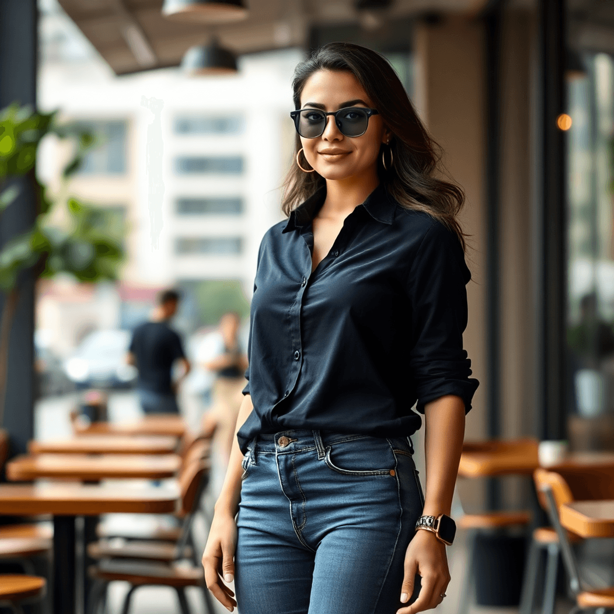 Seorang wanita bergaya dengan kemeja hitam dan celana jeans ketat berdiri dengan percaya diri di sebuah kafe perkotaan, memancarkan keanggunan sant...
