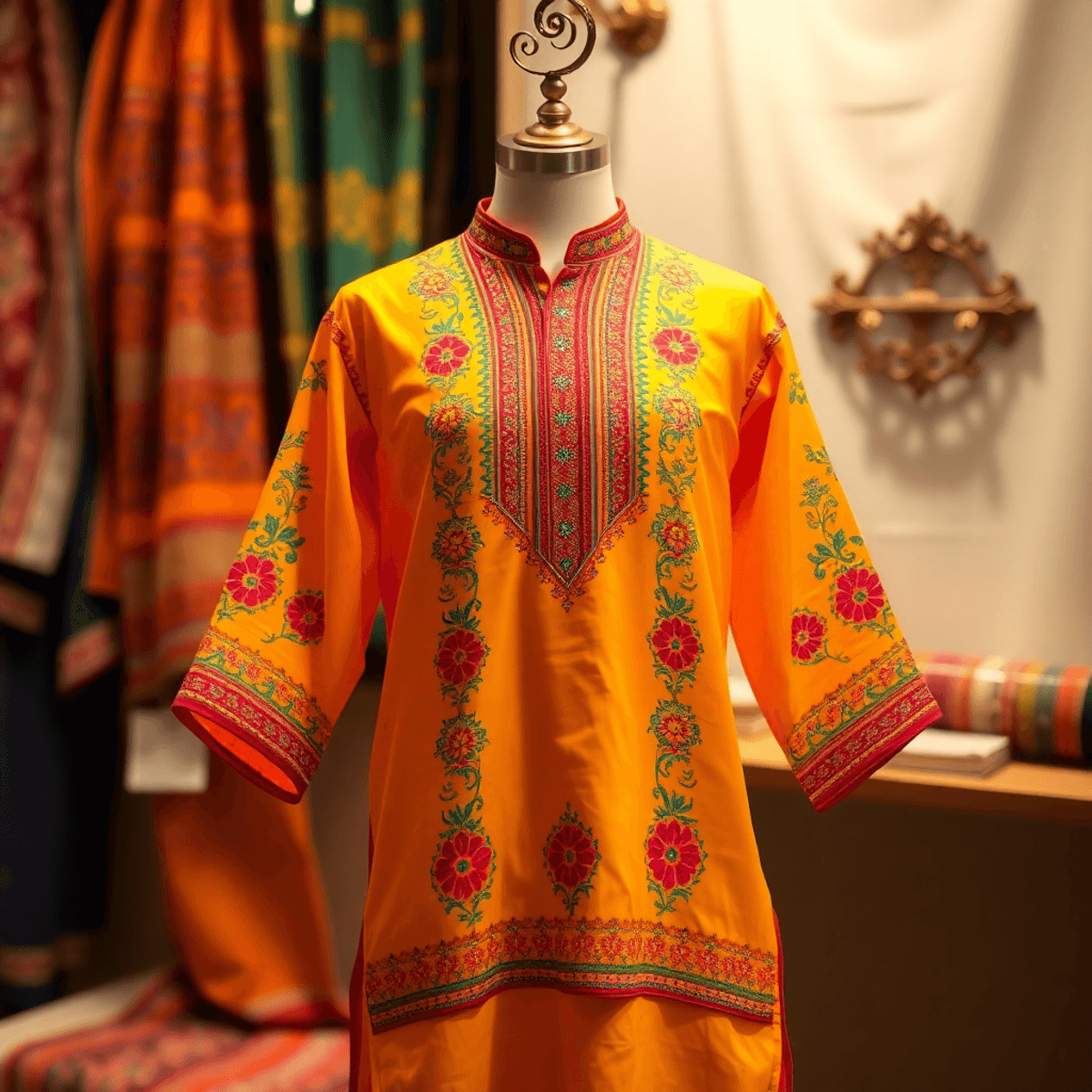 Sebuah kurta tradisional yang cerah dengan bordir yang rumit dipajang di atas manekin, dikelilingi oleh elemen-elemen halus dari kain tradisional, ...