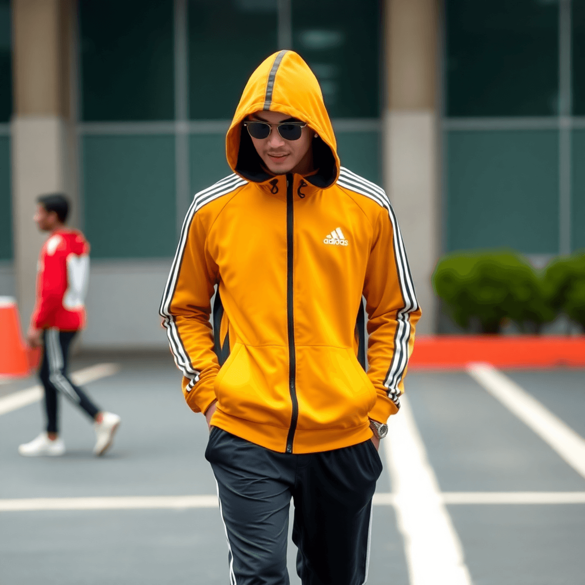 Sepasang celana training stylish dan modern terbuat dari kain Lotto dan Adidas, dikelilingi sepatu lari dan botol air di latar belakang suasana aktif.