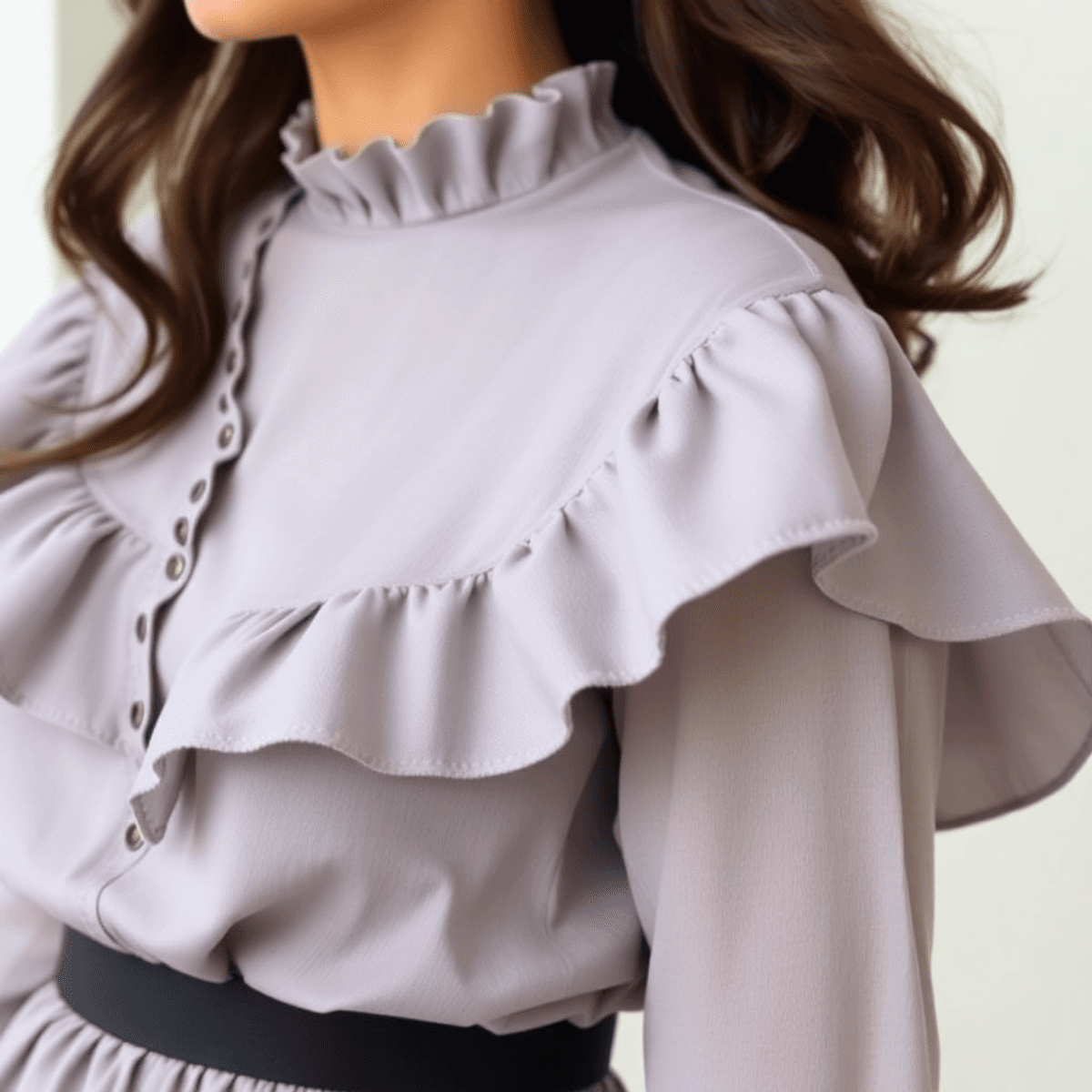 Gambar close-up berbagai kain yang menampilkan ruffle yang indah, menyoroti gelombang dan tekstur elegan di latar belakang sederhana untuk menekank...