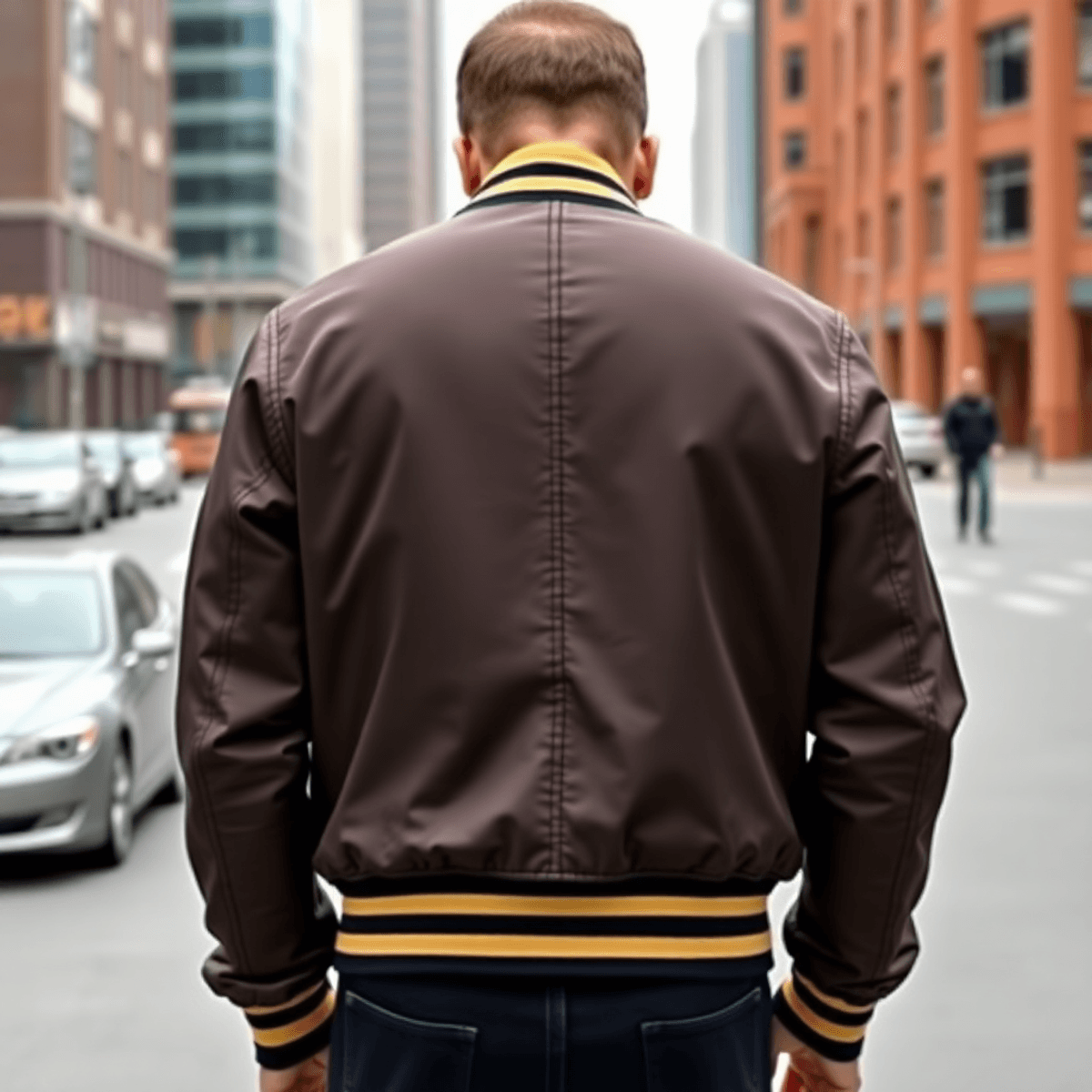 Jaket bomber stylish tergantung di dinding, dikelilingi aksesoris fashion seperti kacamata hitam dan sepatu sneakers, dengan latar belakang kota mo...