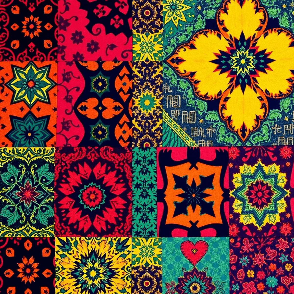 Sebuah close-up dari kain batik tambal yang cerah dan berwarna-warni, menampilkan pola geometris yang rumit dan gaya patchwork, dengan warna-warna ...