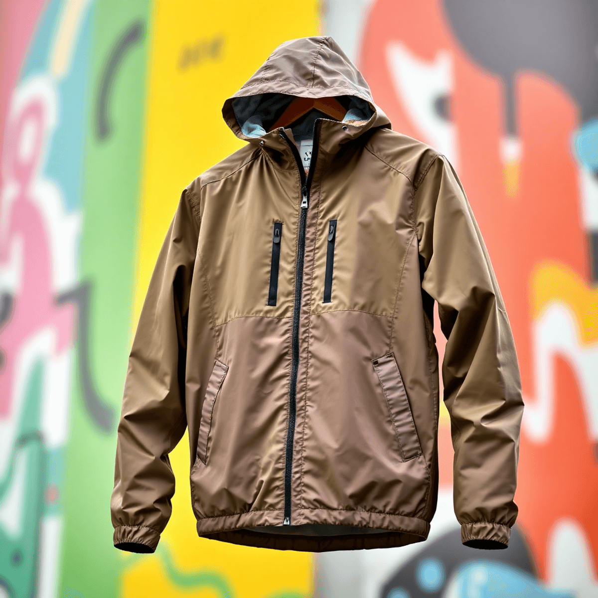 Sebuah jaket windbreaker berwarna-warni tergantung di latar belakang perkotaan yang cerah, menonjolkan desainnya yang ringan dan tekstur yang styli...
