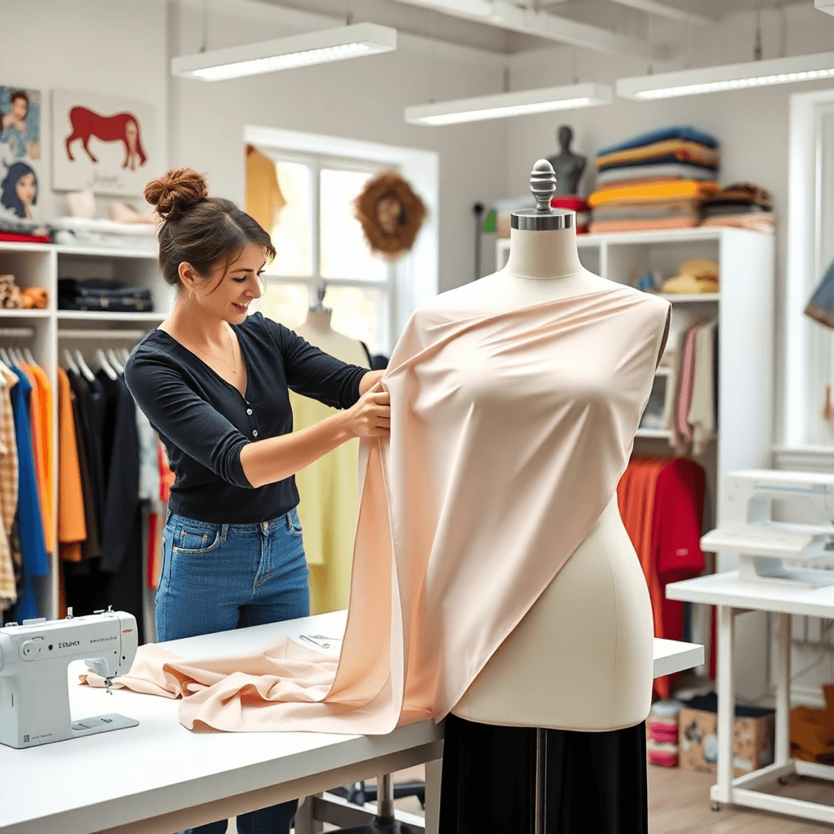 Seorang desainer fashion melapisi kain pada manekin di sebuah studio yang cerah dan penuh dengan tekstil berwarna-warni serta alat jahit, menyoroti...