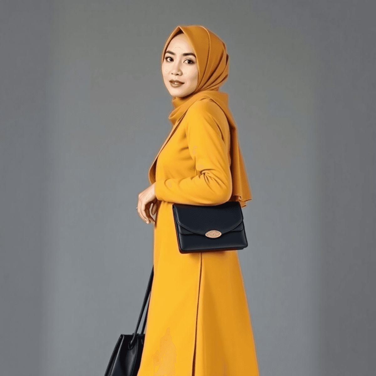 Seorang wanita muslimah mengenakan baju mustard stylish dan jilbab kontras, tersenyum percaya diri di latar belakang suasana fashion yang ceria dan...