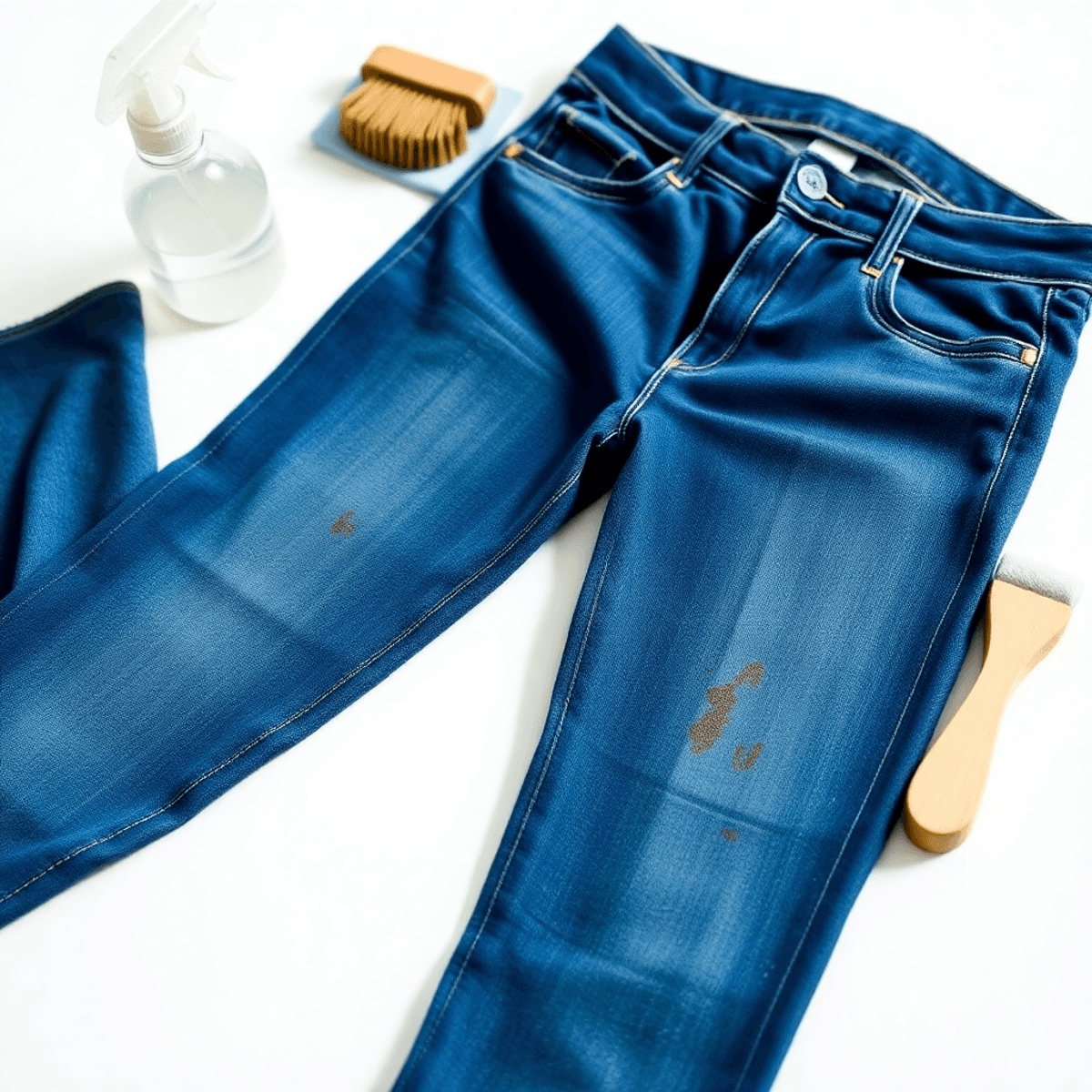 Sepasang celana jeans biru yang bergaya terletak di permukaan bersih, dikelilingi oleh botol semprot, kain, dan sikat, dengan latar belakang cerah.