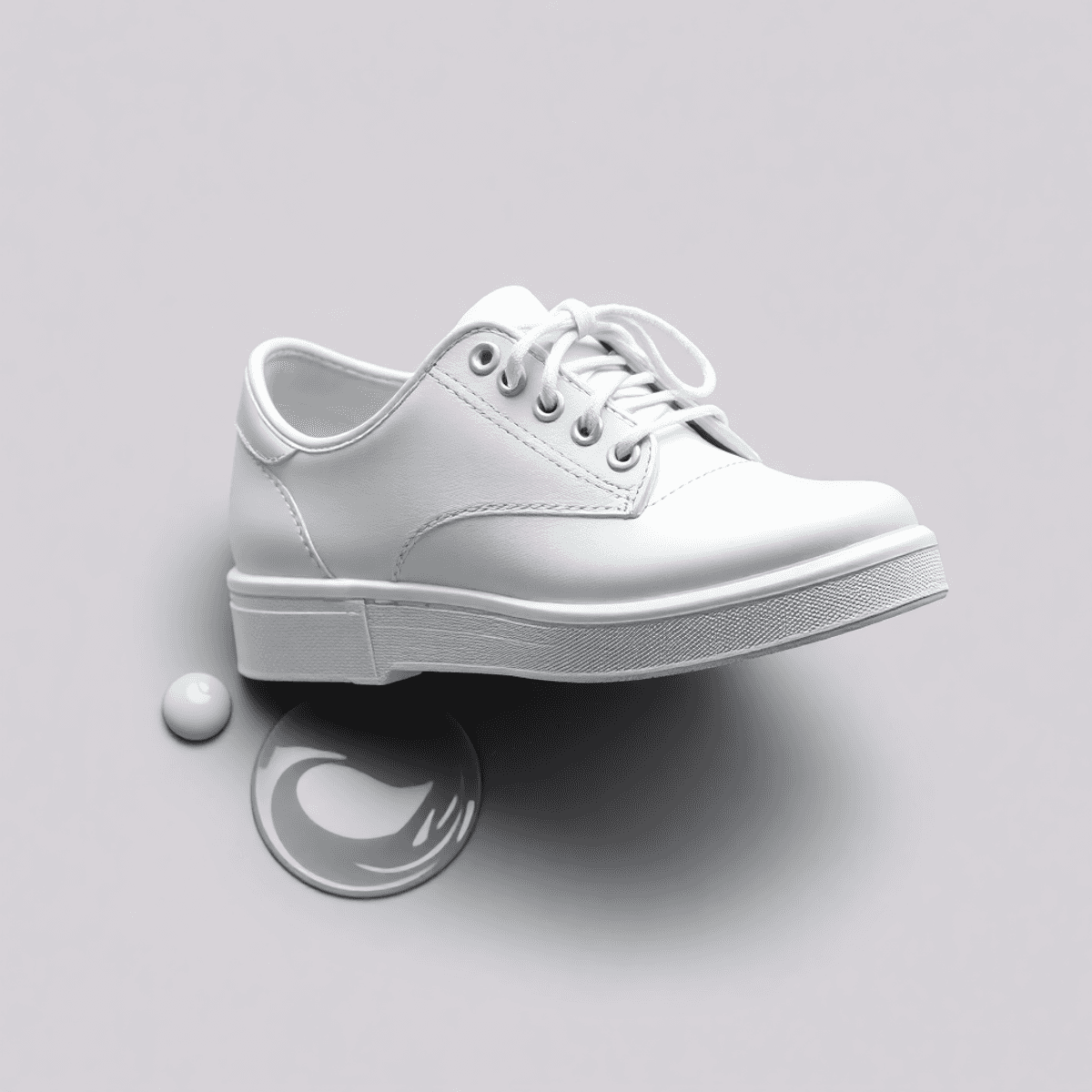 Sepatu putih bersih diletakkan di permukaan bersih, dikelilingi alat pembersih sederhana seperti sikat, sabun, dan kain, dengan latar belakang mini...