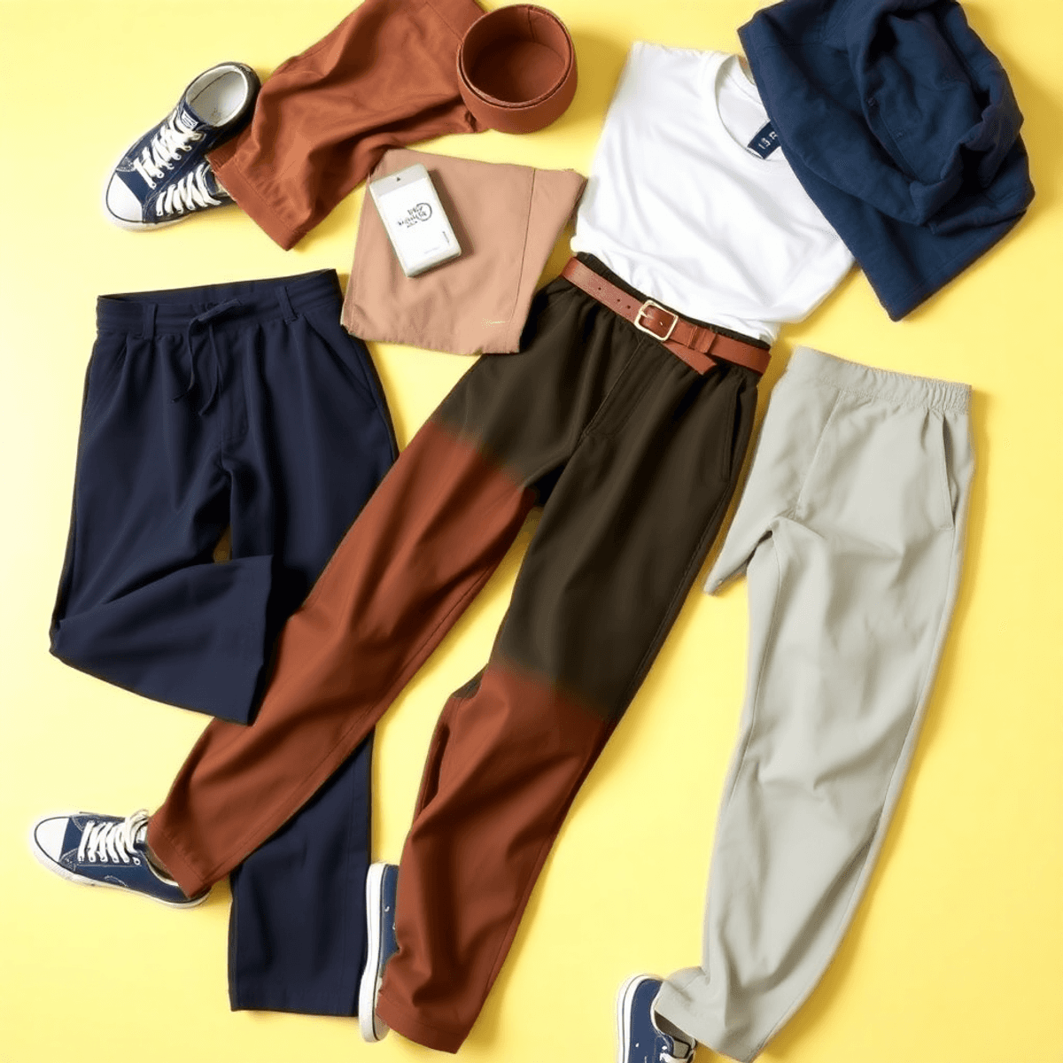 Tata letak datar dari celana baggy berwarna-warni dengan sepatu sneaker, kaos santai, dan sabuk trendi di latar belakang cerah, menyoroti keserbagu...