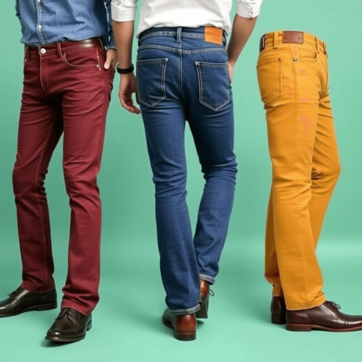Celana jeans dengan berbagai potongan, seperti straight cut, slim fit, dan bootcut, dikelilingi aksesori fashion sederhana di latar belakang cerah.
