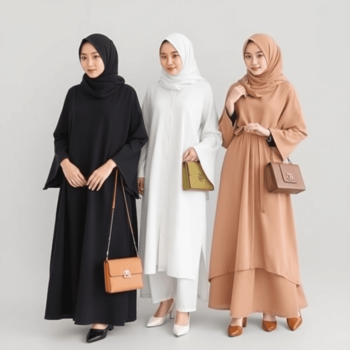 Jilbab elegan dalam warna netral dikelilingi aksesori fashion, dengan latar belakang minimalis dan nuansa lembut yang menonjolkan kesederhanaan dan...
