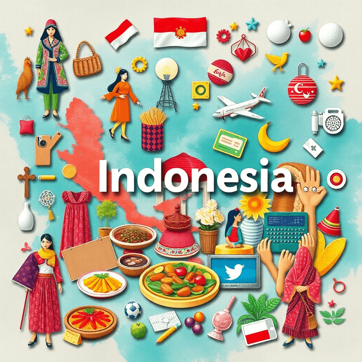 Kolase yang hidup menampilkan industri kreatif Indonesia dengan tekstil berwarna-warni, kerajinan tangan yang rumit, hidangan lokal, dan teknologi ...