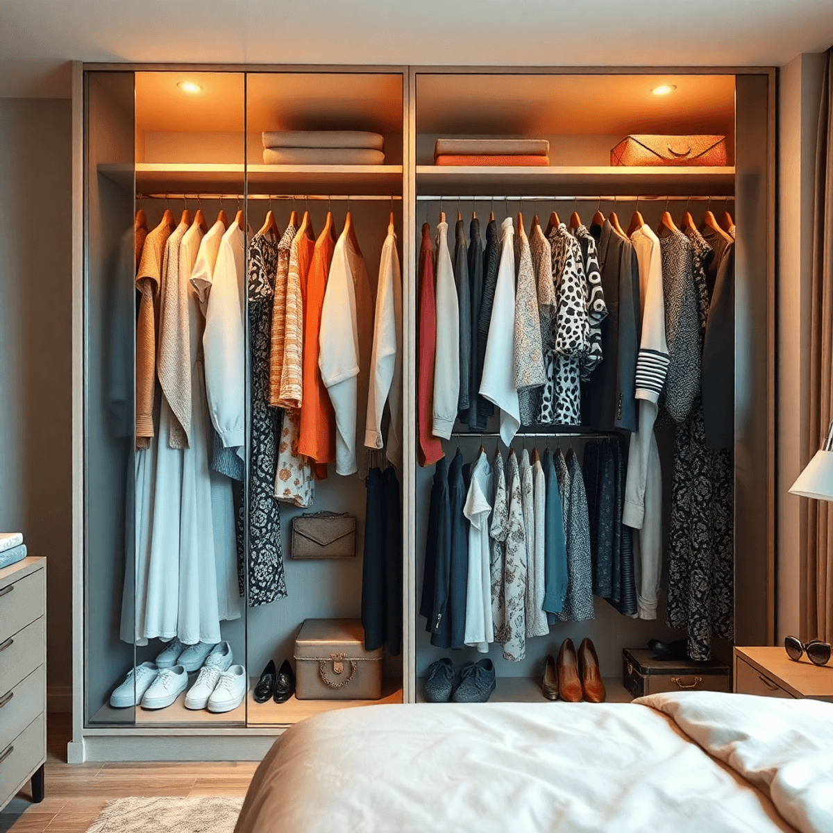 Lemari modern yang dipenuhi dengan pakaian dan aksesori yang tergantung rapi, menampilkan desain elegan dan pencahayaan lembut yang menciptakan sua...