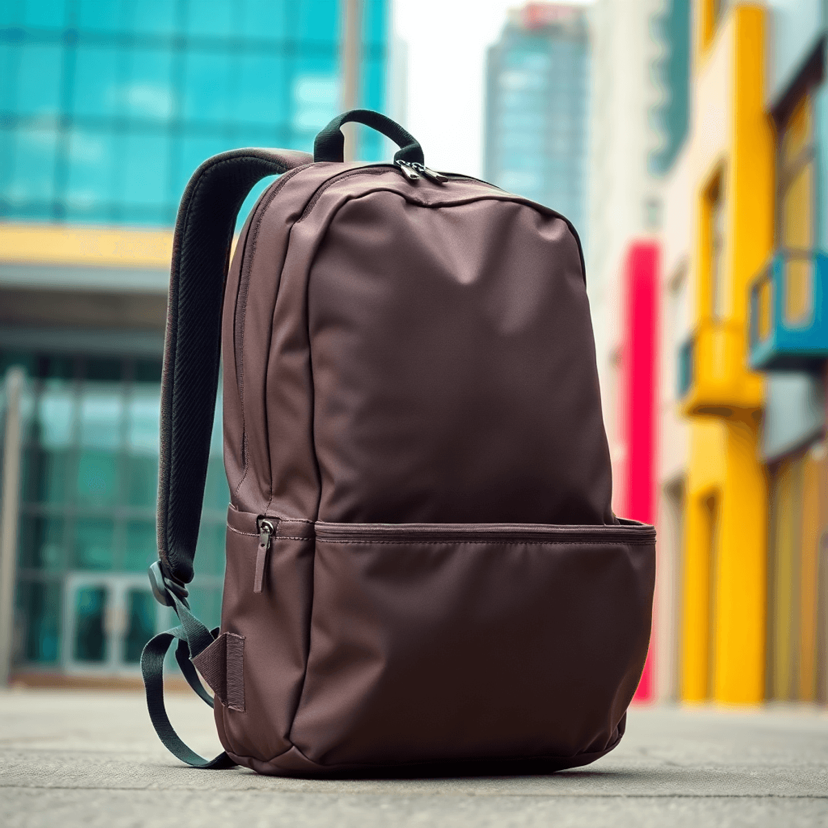 Ransel modern dengan tali yang dapat disesuaikan dan berbagai kompartemen, dikelilingi oleh latar belakang perkotaan yang berwarna-warni, memancark...
