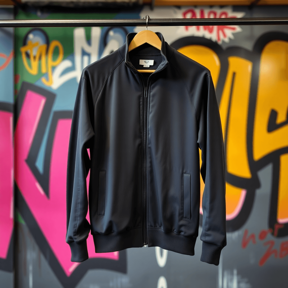 Sebuah jaket tracktop bergaya dengan ritsleting penuh di depan dan kerah tinggi tergantung di rak pakaian, diletakkan di latar belakang grafiti yan...