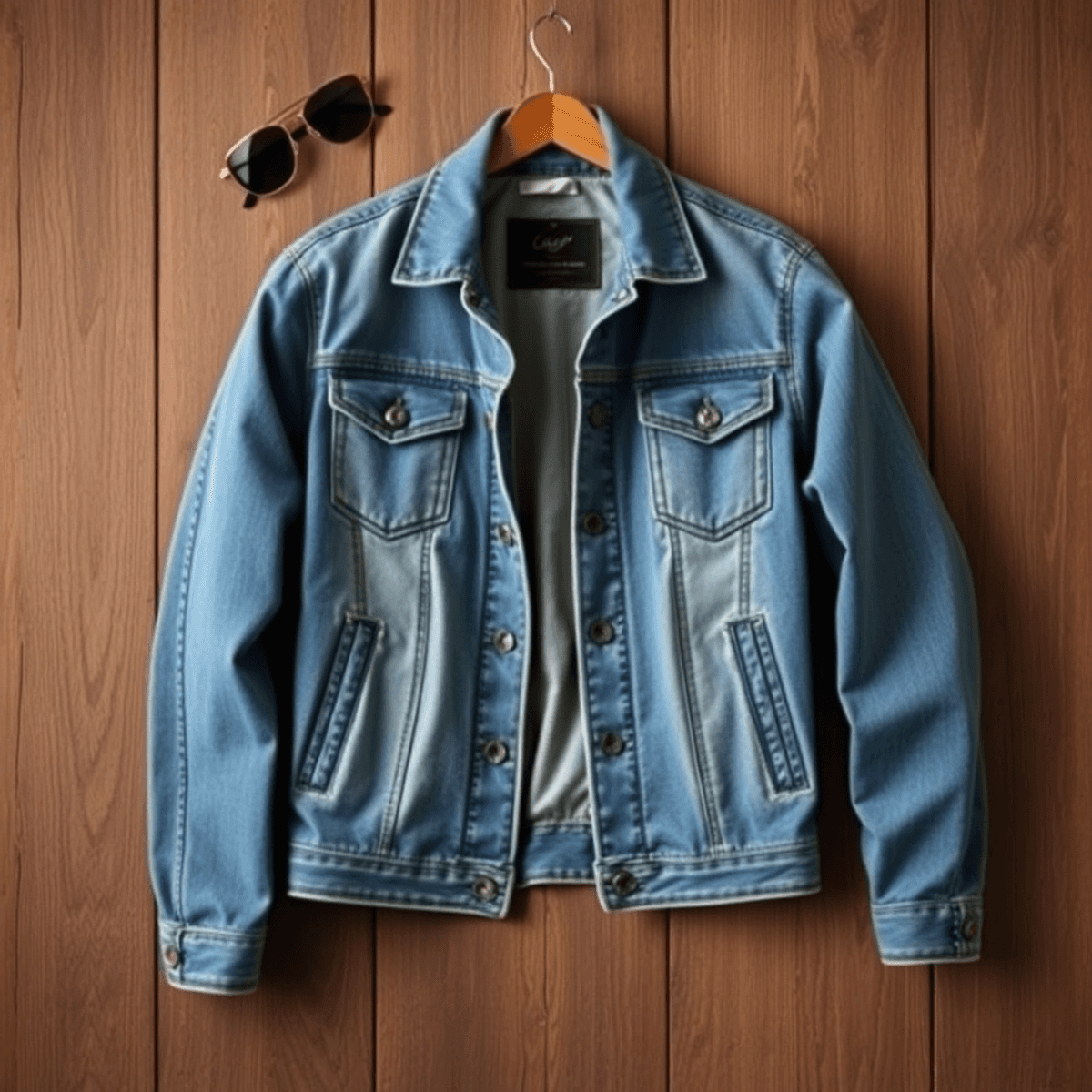 Sebuah jaket trucker denim di atas latar belakang kayu rustic, sedikit terbuka untuk memperlihatkan kain interiornya, dengan kacamata hitam trendi ...
