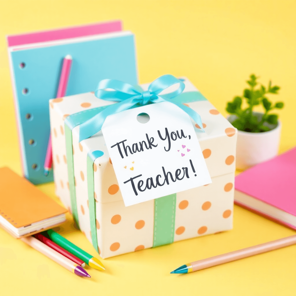 Sebuah kotak hadiah yang dibungkus dengan indah dan dilengkapi dengan tag "Terima Kasih, Guru!" dikelilingi oleh alat tulis berwarna-warni dan sebu...
