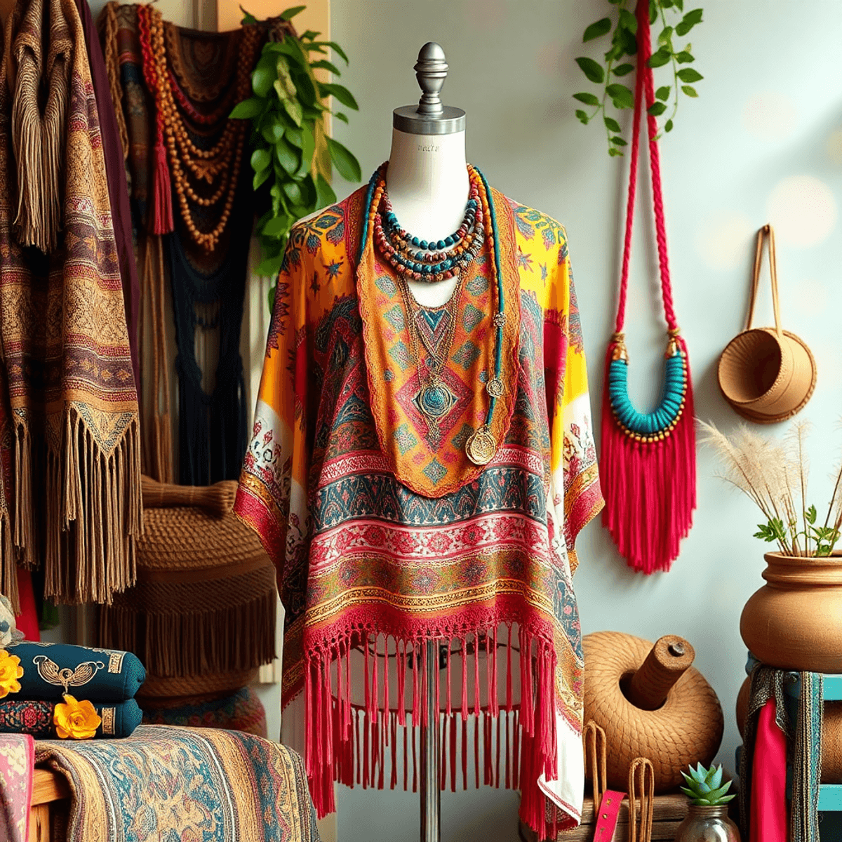 Sebuah pakaian bohemian berwarna-warni pada manekin, dikelilingi oleh aksesori eklektik seperti kalung bertumpuk dan kain bertekstur, diletakkan di...
