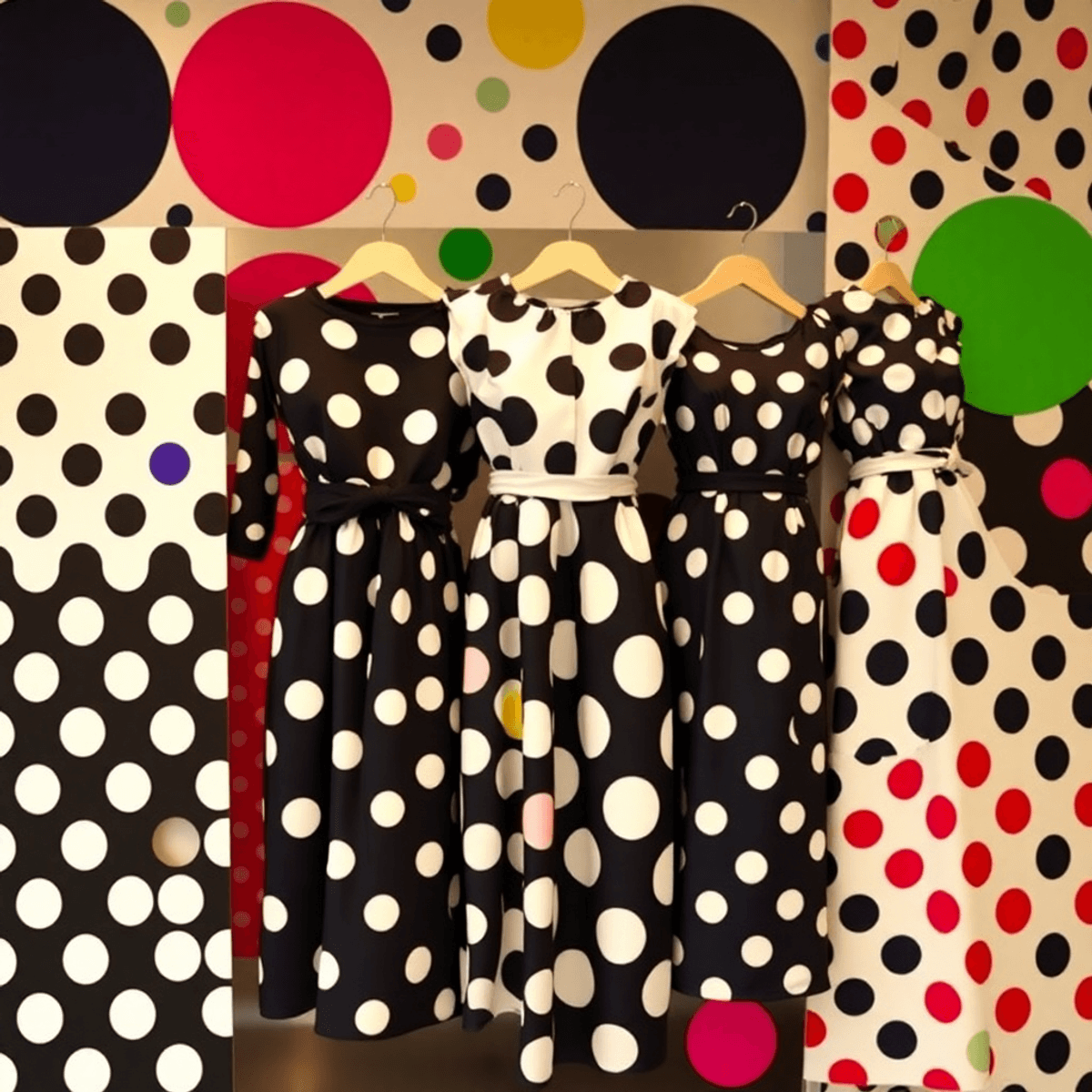 Sebuah tampilan fashion yang berwarna-warni menampilkan berbagai pola polkadot dalam warna klasik dan cerah di latar belakang yang stylish dan modern.
