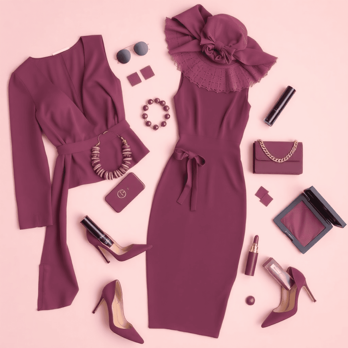 Sebuah tata letak datar dari item fashion berwarna mauve termasuk gaun, aksesori, dan makeup di latar belakang pastel lembut, menampilkan keangguna...