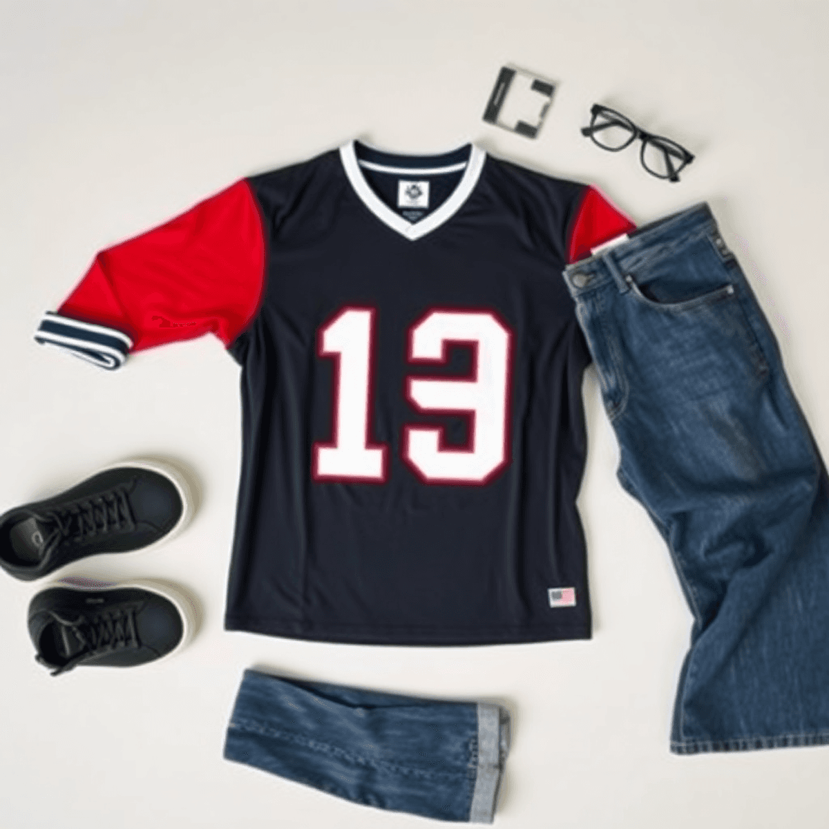 Sebuah tata letak datar yang stylish dari item fashion pria kasual yang menampilkan jersey sepak bola vintage, celana jeans potongan longgar, dan a...