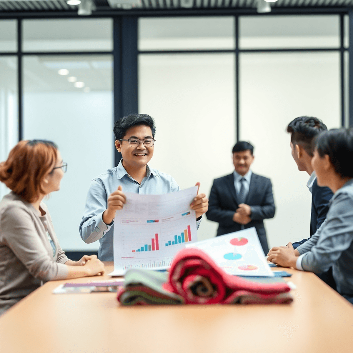 Seorang pengusaha muda menyajikan rencana bisnis kepada para investor di sebuah kantor yang terang, menampilkan grafik dan contoh kain di atas meja...