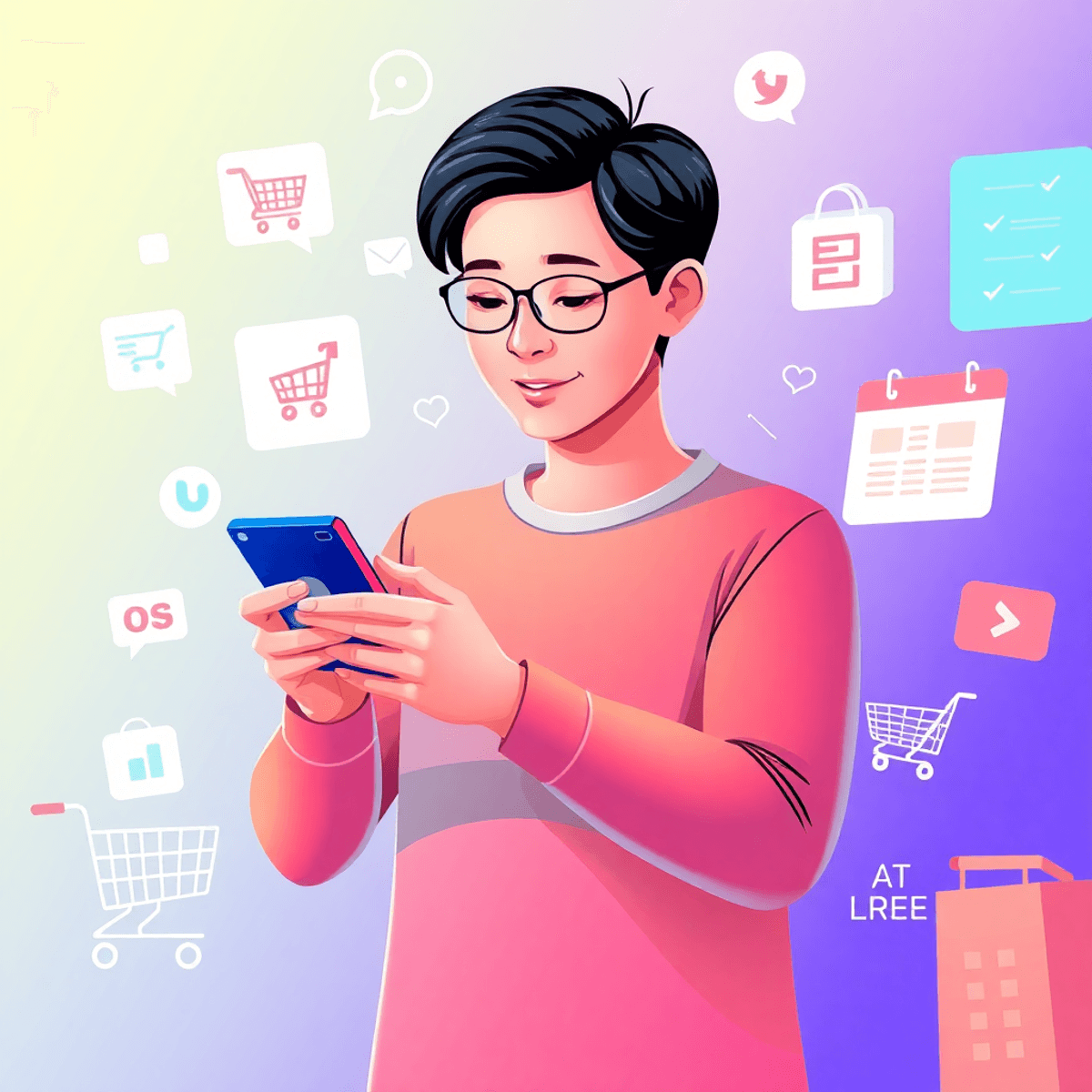 Seseorang yang berbelanja online dengan smartphone, dikelilingi oleh ikon belanja digital seperti keranjang dan simbol pembayaran, menyoroti kenyam...
