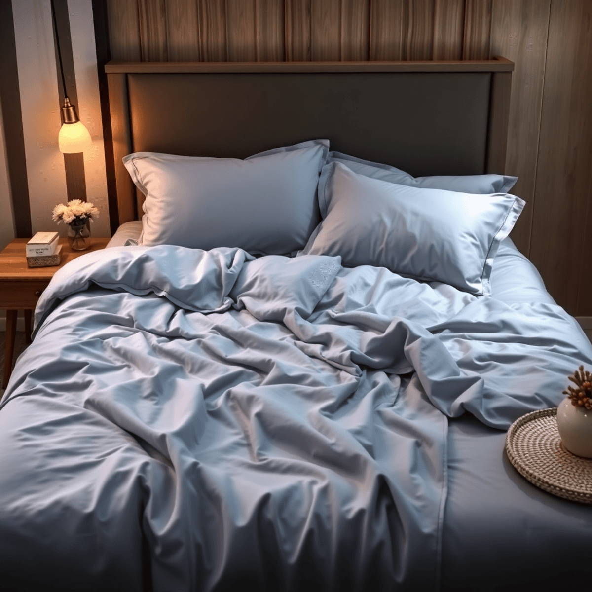 Sprei katun berkualitas tinggi terlipat rapi di atas tempat tidur, dengan pencahayaan lembut yang menonjolkan tekstur dan warna menarik, menciptaka...
