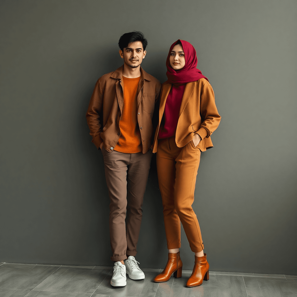 Celana coklat stylish diletakkan di latar belakang cerah, dikelilingi pakaian berwarna-warni, sepatu, dan aksesori yang menonjolkan kesan fleksibel...