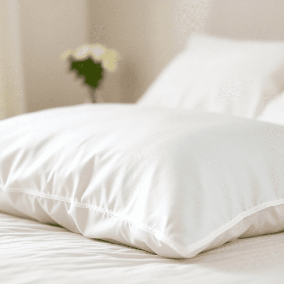 Gambar dekat dari sarung bantal katun yang lembut dan rapi dilipat di atas tempat tidur yang nyaman dengan latar belakang kamar tidur yang tenang.