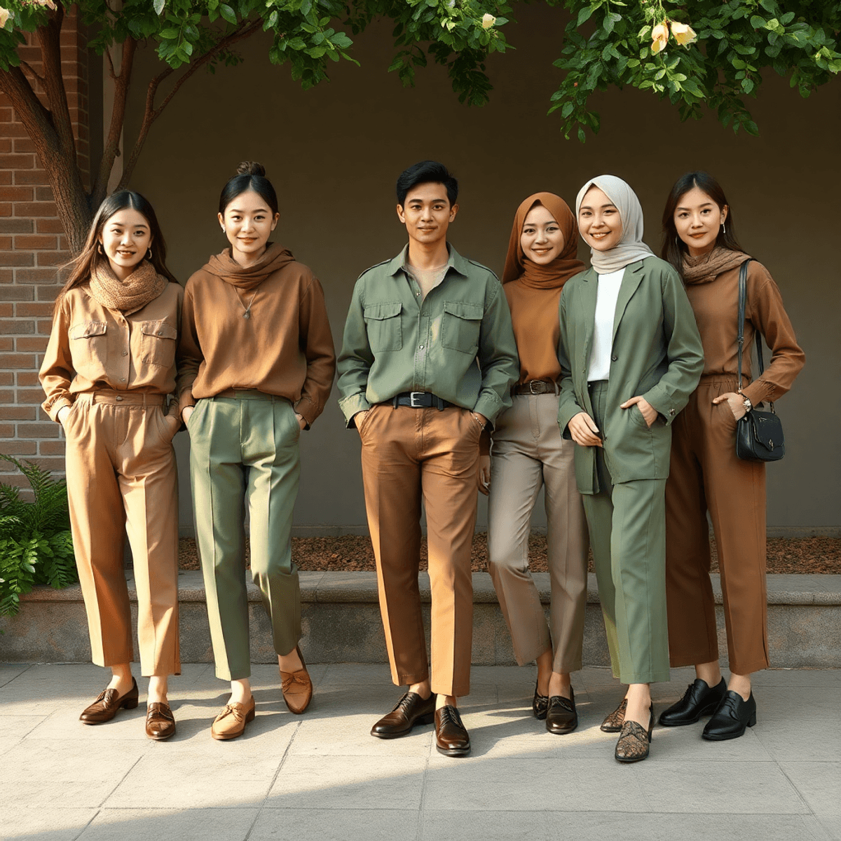 Gambar menampilkan pakaian warna khaki dengan kombinasi warna lain di latar belakang natural, dilengkapi aksesori fashion elegan yang menonjolkan k...