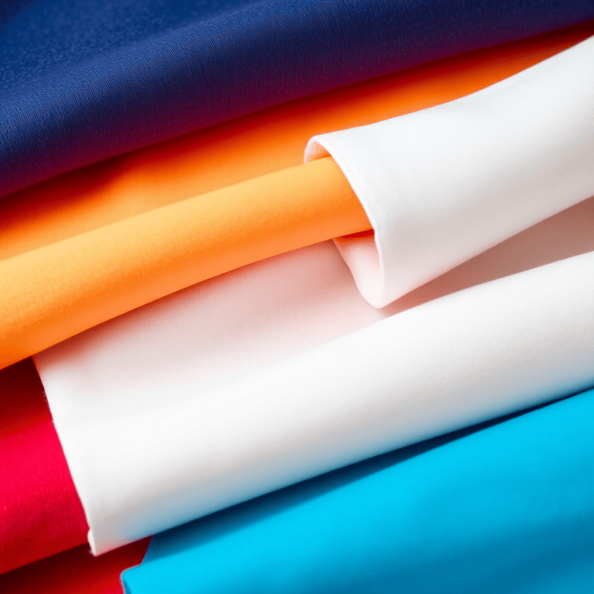 Kedekatan dari potongan kain katun lembut dan berwarna-warni yang disusun rapi, menampilkan tekstur dan kualitas untuk bahan kaos premium.