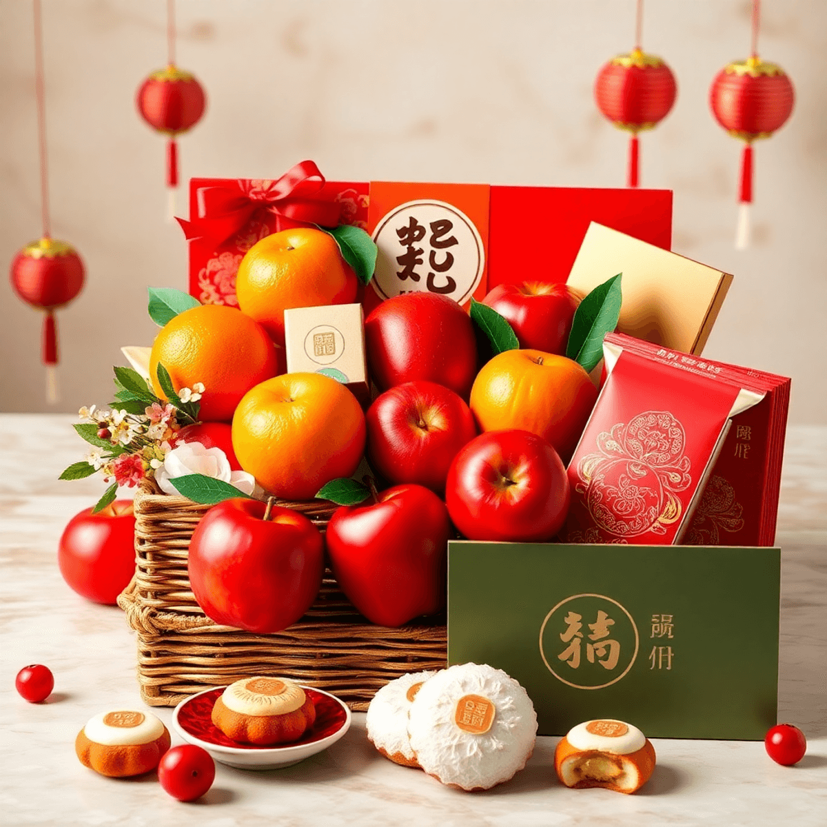 Keranjang Tahun Baru Cina dengan jeruk mandarin, apel merah, kue beras, dan kemasan festif merah dan emas yang melambangkan kemakmuran.