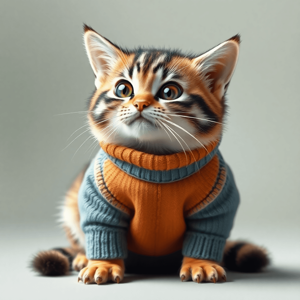 Kucing lucu mengenakan berbagai pakaian, termasuk kaos polos dan sweater rajut, di latar belakang cerah yang playful dan menggemaskan.