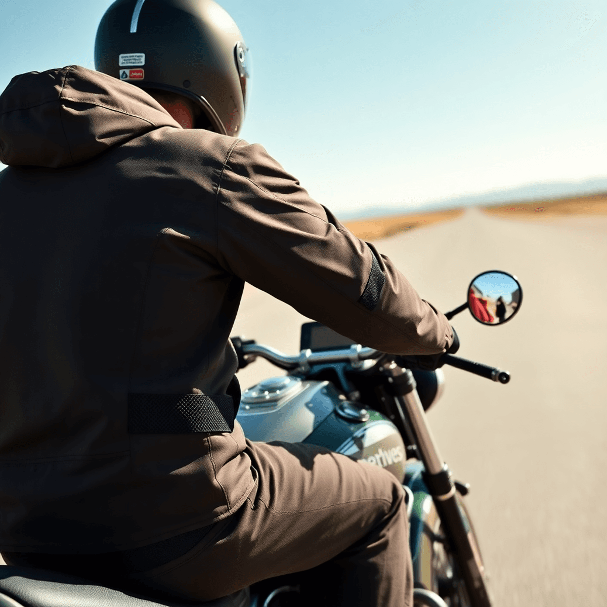 Pengendara sepeda motor yang mengenakan jaket tahan angin sedang berkendara di jalan terbuka di bawah langit cerah, menyoroti perlengkapan pelindun...