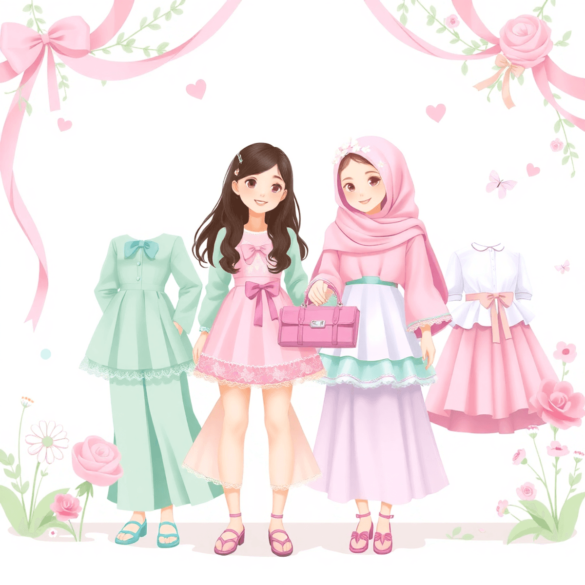 Sebuah adegan mode yang whimsical dengan pakaian pastel berwarna merah muda, hijau mint, biru bayi, dan lavender, dihiasi dengan pita dan renda di ...