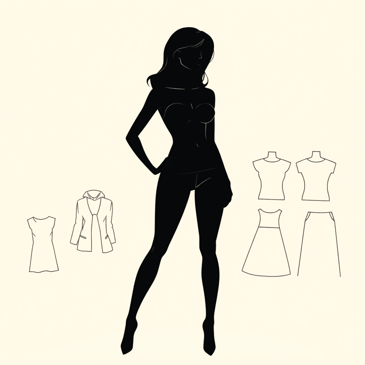 Sebuah ilustrasi elegan dari siluet figura jam pasir di atas latar belakang yang lembut dan hangat, dengan elemen-elemen mode yang halus seperti po...