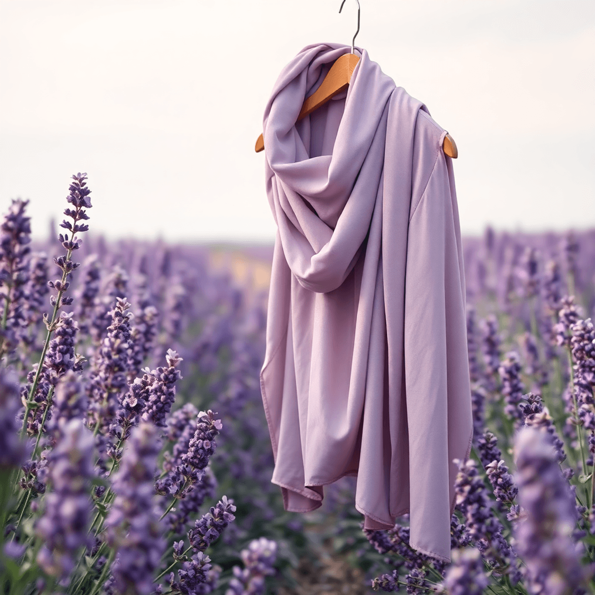 Sebuah ladang lavender yang sedang mekar penuh dengan nuansa pastel lembut, menampilkan hijab bergaya yang elegan tergantung di atas gantungan, dik...