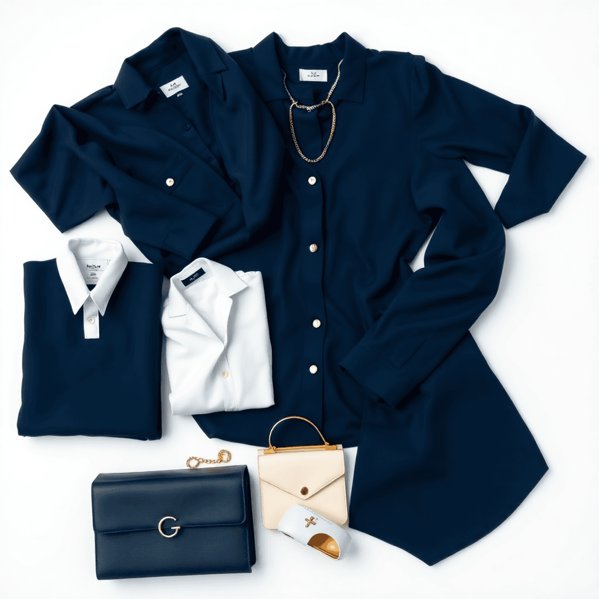 Sebuah tata letak datar yang stylish menampilkan kain dan pakaian berwarna biru navy, dihiasi dengan aksen putih dan emas, menyampaikan kesophistik...