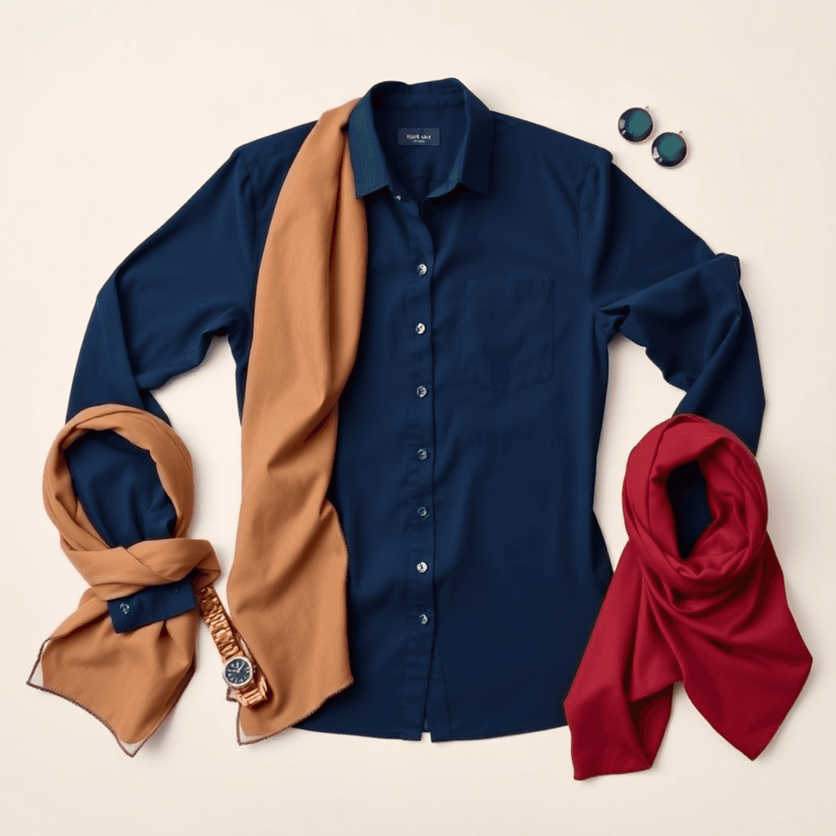 Tata letak datar yang menampilkan kemeja biru tua, hijab berwarna-warni, jam tangan, dan anting-anting di latar belakang netral lembut, menampilkan...