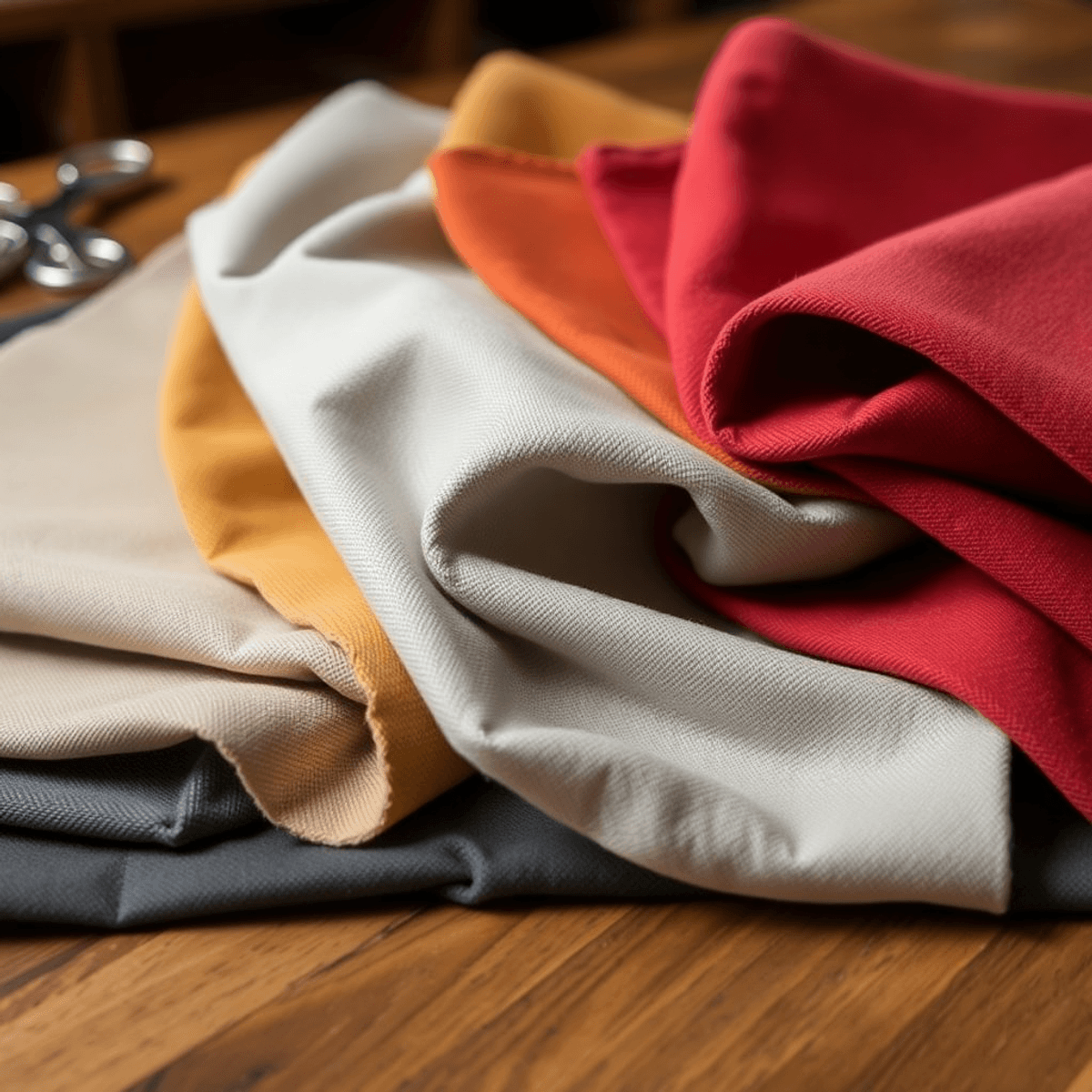 Dekatkan kain kanvas berwarna-warni dengan tekstur yang berbeda di atas meja kayu, disertai dengan alat menjahit, menyoroti bahan premium untuk jaket.