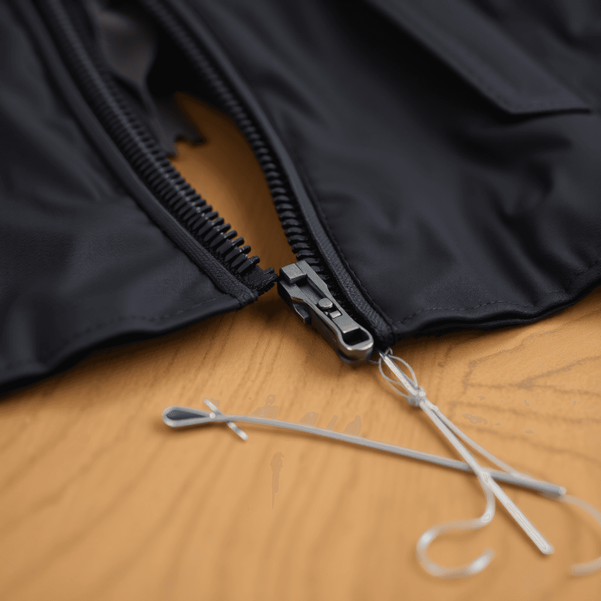 Gambar close-up dari ritsleting jaket yang rusak dengan pengait terlepas dan gigi tidak sejajar di permukaan kayu, dikelilingi oleh jarum dan benang.