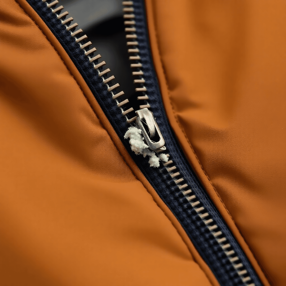 Gambar close-up dari resleting jaket yang macet karena debu dan kotoran di gigi-giginya, dengan latar belakang yang bersih dan sederhana.