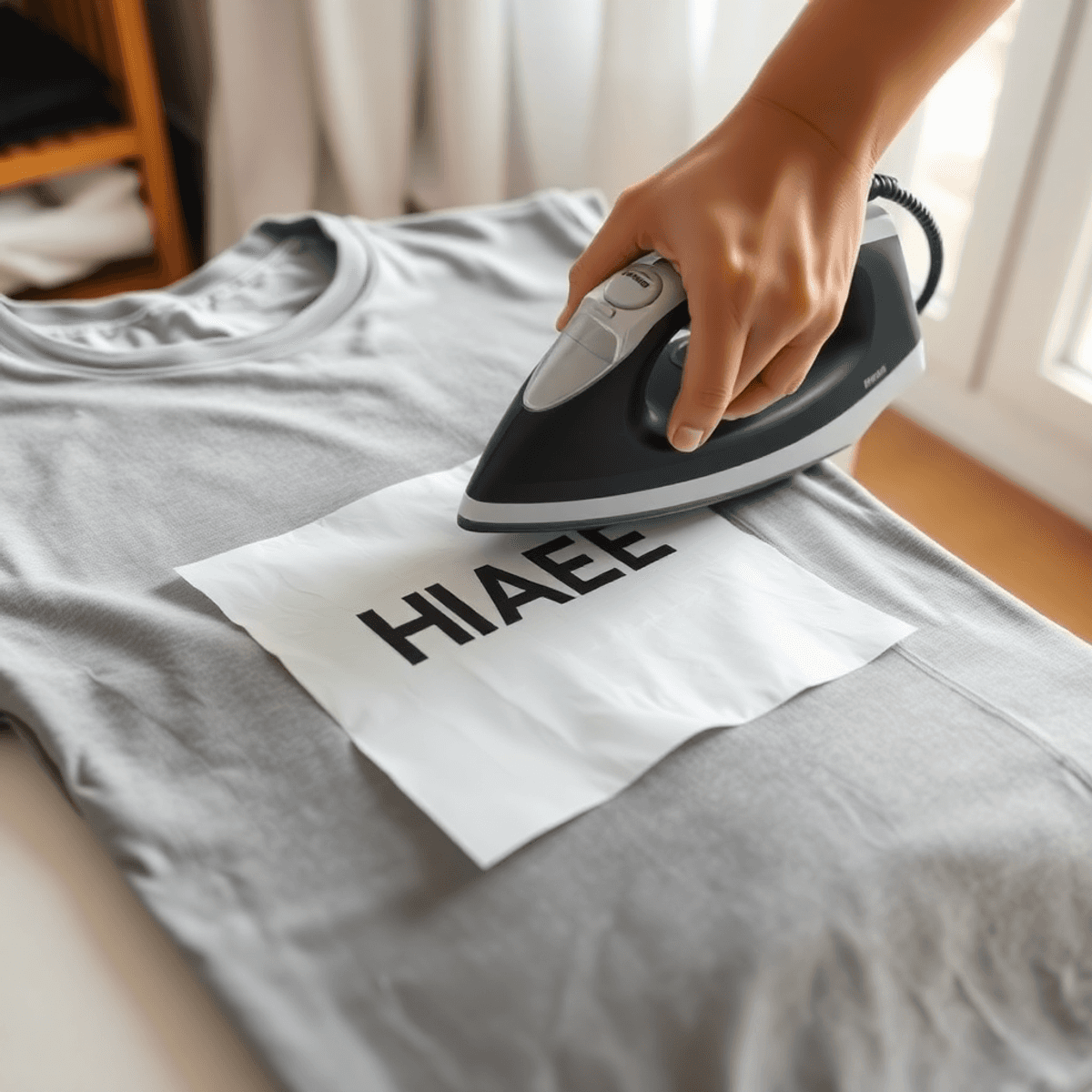 Gambar close-up tangan sedang menyetrika kaos dengan kertas roti di atas desain yang dicetak, di dalam suasana rumah yang cerah dan bersih.