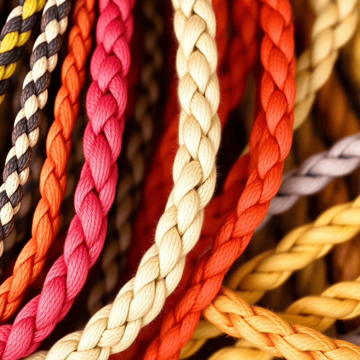 Gambar dekat dari tali anyaman berwarna-warni dan tali braiding dalam berbagai tekstur dan bahan, disusun secara artistik untuk menonjolkan kerajin...