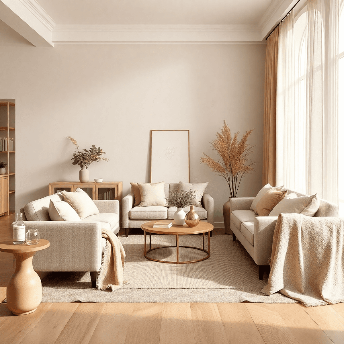 Interior yang nyaman dan elegan dengan furnitur nude lembut, tekstur alami, dan potongan kain berkualitas tinggi yang ditampilkan dengan rapi dalam...