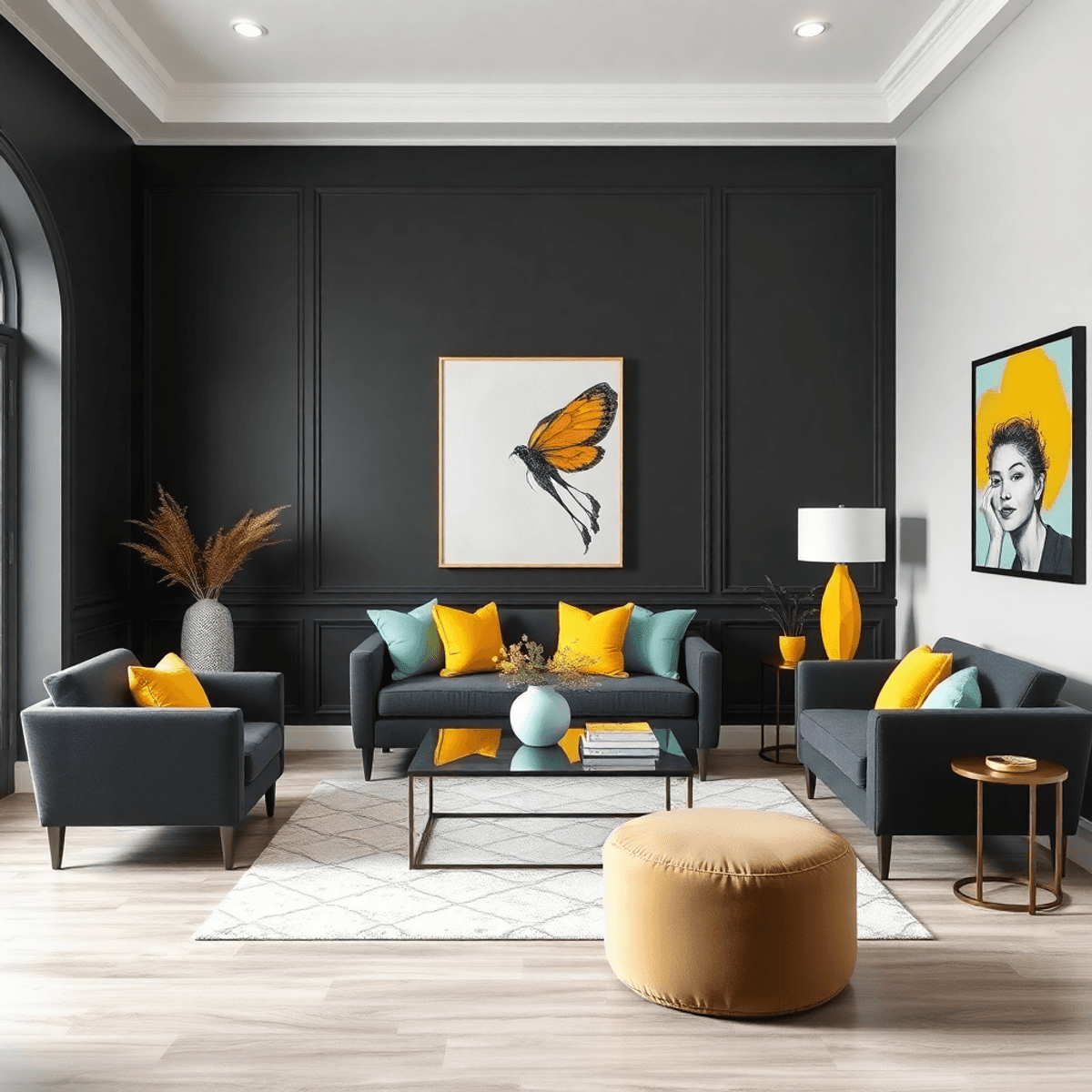 Kamar modern dengan dinding dan furnitur berwarna arang, diakhiri dengan dekorasi kuning dan hijau mint, menampilkan desain yang stylish dan elegan.