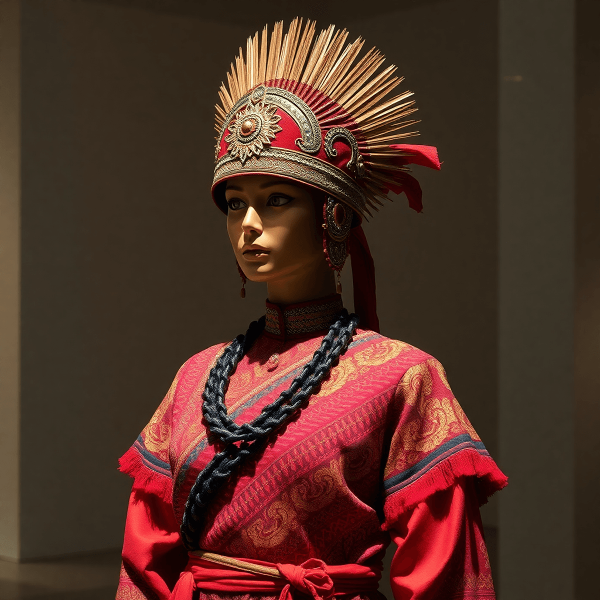 Mannequin mengenakan kostum pejuang wanita tradisional Indonesia yang cerah dengan pola kain yang rumit, ditempatkan di latar belakang yang terang ...