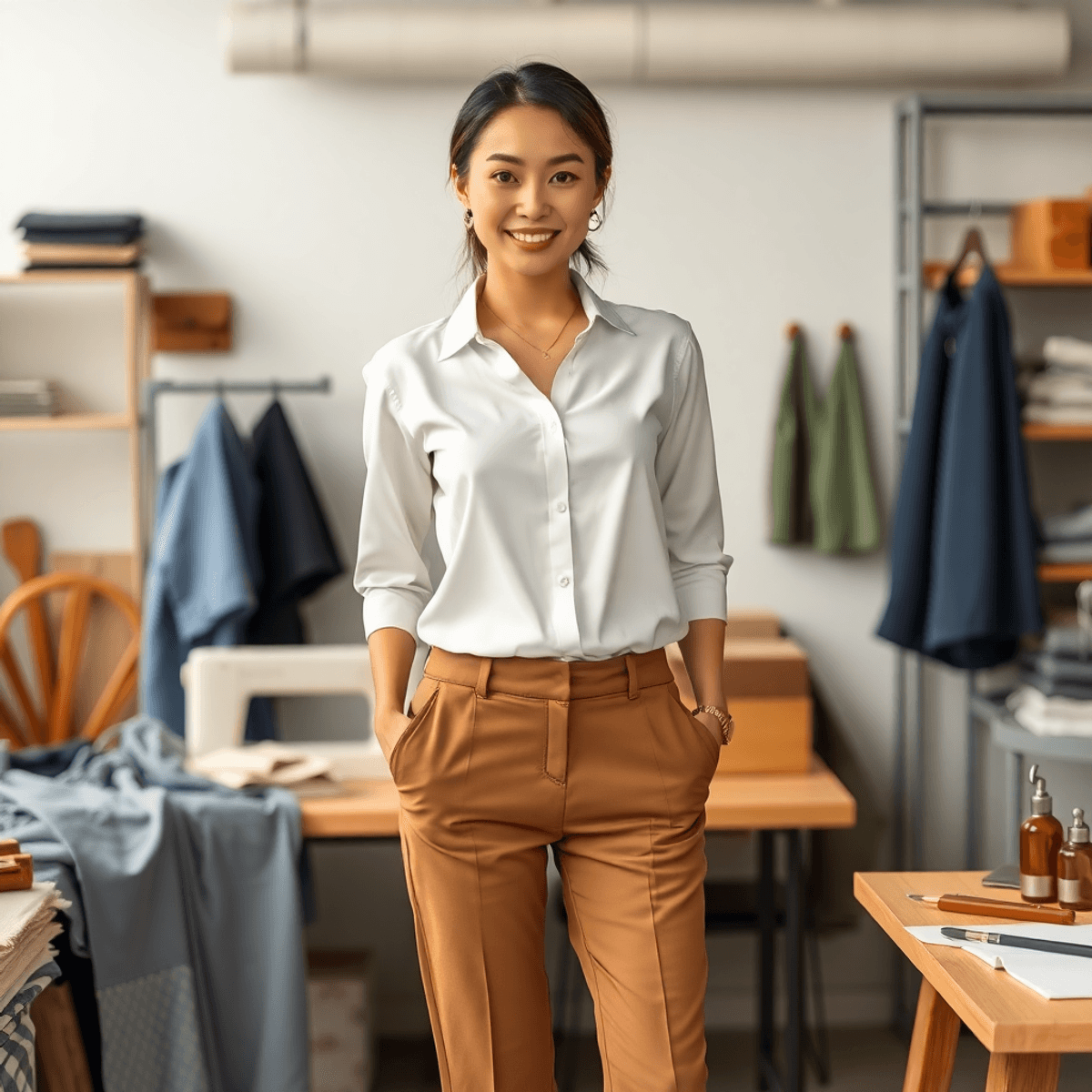 Seorang wanita profesional mengenakan celana dress yang breathable di ruang kerja modern dengan potongan kain dan alat jahit, menyoroti kualitas te...