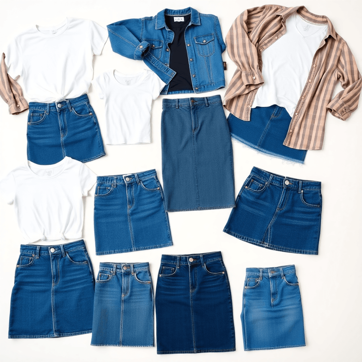 Tampilan datar dari rok denim dalam berbagai gaya yang dipadukan dengan atasan kasual di latar belakang terang, menampilkan tren fashion kasual mod...