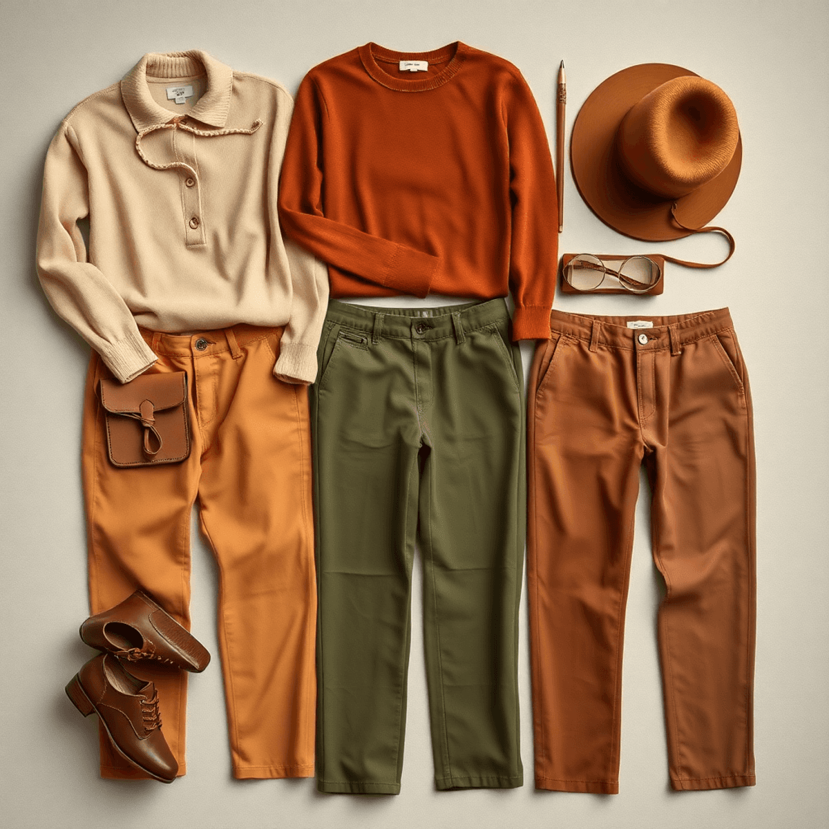 Tata letak datar atasan cokelat dengan celana beige, zaitun, dan biru debu di latar belakang netral yang menampilkan nada-nada fashion alami yang h...